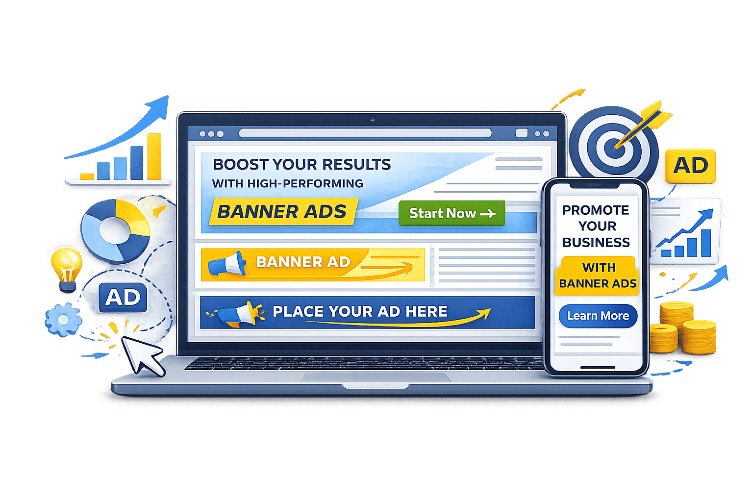 Banner ads displayed on laptop and mobile devices with website display placements