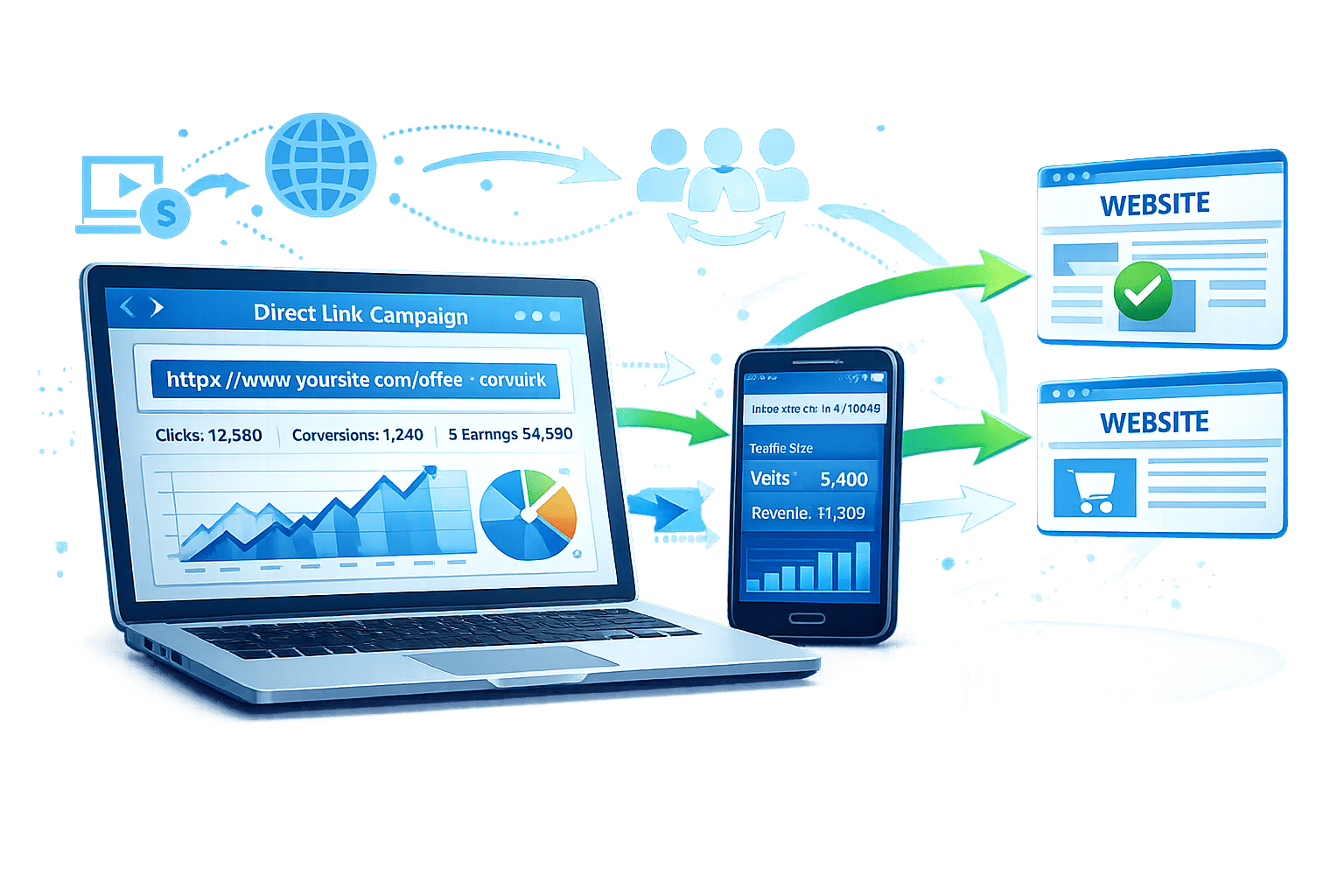 Direct Link Ads | Bidoola Direct link ads dashboard showing tracking links, traffic analytics, and instant website traffic generation on desktop and mobile devices