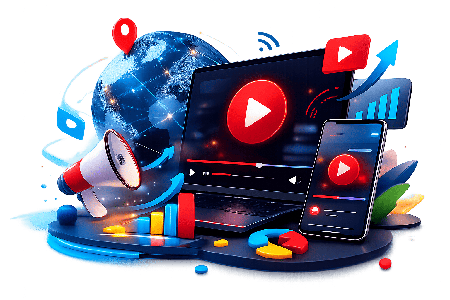 Video Ads | Bidoola Video advertising illustration showing a video ad player on desktop and mobile devices with engagement icons representing digital advertising and website traffic monetization
