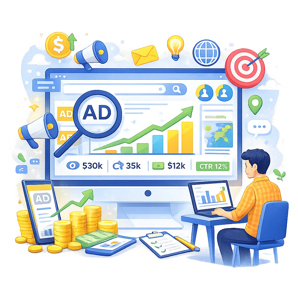 Advertiser running online advertising campaign to grow website traffic and track ad performance