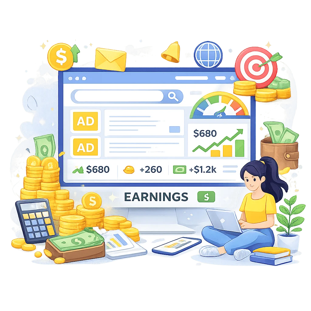 Publisher earning revenue by monetizing website traffic with display ads and analytics dashboard